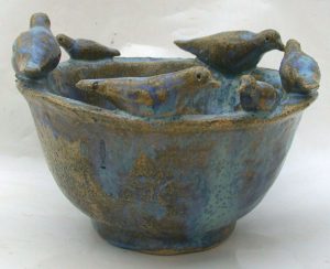 ceramic bird bowl blue glaze