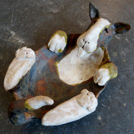 english bull terrier, dish, brindle and white, studio ceramics, handmade stoneware, cclay, potter jane adams ceramics