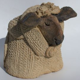 mini woolly jumper brown, black face sheep, knitted, clay, jane adams ceramics, handmade cornwall, scarf,