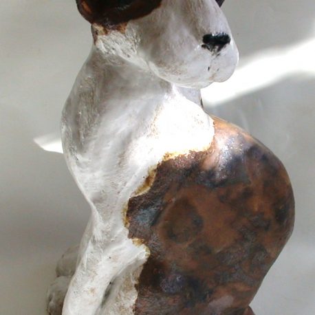 ceramic english bull terrier, ceramic. ceramic dog, brindle and white, jane adams ceramics, cornwall