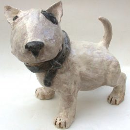 english bull terrier, ceramic dog, handbuilt sculpture, jane adams ceramics,
