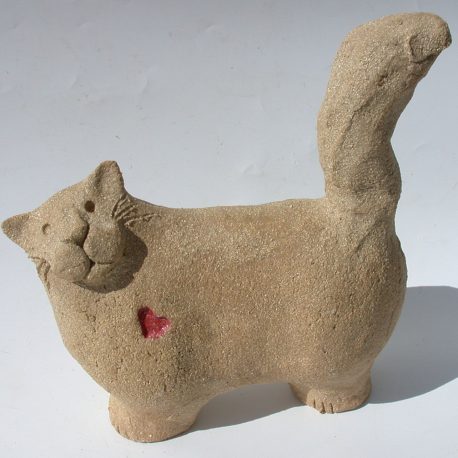 ceramic cat, red heart,cat ornament, stonewarem handbuilt