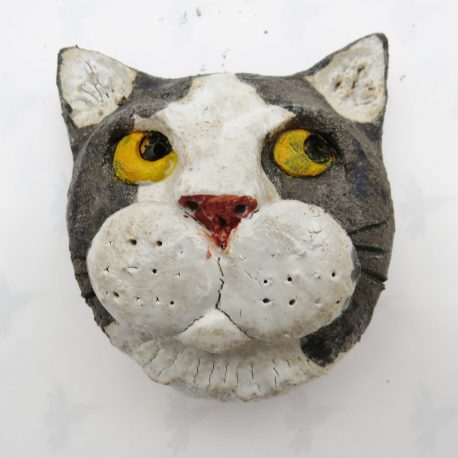 ceramic cat. cat wall plaque, black and white cat face, studio ceramics, jane adams ceramics,