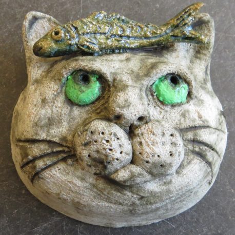 ceramic cat, cat and fish, wall hanging, ornament, pottery cat, jane adams ceramics