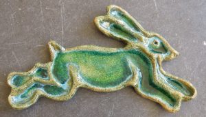 hare trinket dish, glazed hare dish, pottery hare, dish, jane adams ceramics