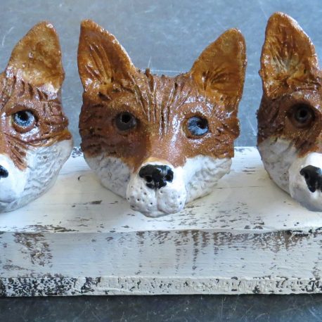 fox heads, pottery fox ornaments, ceramic foxes, jane adams ceramics, woodblock