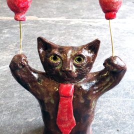 party cat, ceramic cat, cat ornament, balloons, ceramic animals, handmade pottery, pottery cats, cat ornaments, jane adams ceramics