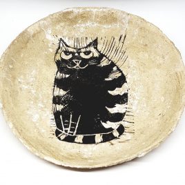 bowl, round bowl, ceramic bowl, handmade ceramic bowl, stripey cat, linocut, jane adams, pawprint designs