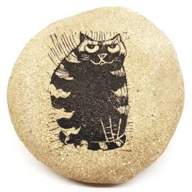 pebble, pebble paperweight, clay pebble, cat themed, cat design, linocut, jane adams ceramics