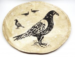 handmade plate, stoneware plate, bowl dish, cream glaze, studio pottery plate, pigeon, jane adams ceramics