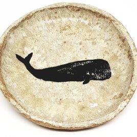 ring dish, trinket dish, whale theme, linocut, whale design, jane adams ceramicss, bowl, dish stoneware, handmade