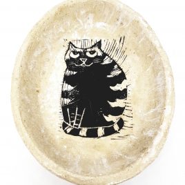 oval bowl, cream glaze, linocut, stripey cat design, handmade, stoneware bowl, jane adams ceramics, cornwall, pottery cat, pottery bowl, studio ceramics, cat gifts