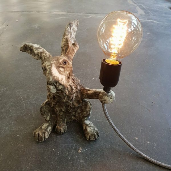 CERAMIC HARE LAMP BASE WITH VINTAGE BULB AND FITTING JANE ADAMS CERAMICS