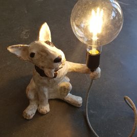 ceramic lamp. english bull terrier, vintage style bulb, plug in lamp, table lamp, ceramic lamp base, designer lighting, jane adams ceramics, studio pottery lamp base