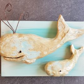 whales, whale and calf, ceramic whales, pottery whales, whale, jane adams ceramics, wall plaque whale wall plaque