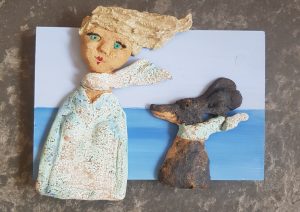 ceramic dogs, ceramic people, dog gifts, dog walking, wall plaques, do ornaments, pottery dogs, pottery people, jane adams ceramics, cornish gifts