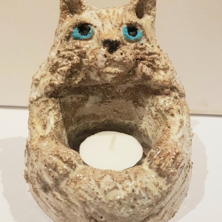 ceramic cat, cat trinket dish, cand candle holder, cat tealight holder, ceramic tealight holder, candles, pottery catds, pottery candle burners, jane adams ceramics