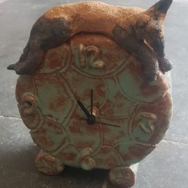 clock, mantel clock, ceramic clock, cat clock, timepiece, handmade clocks, jane adams ceramics