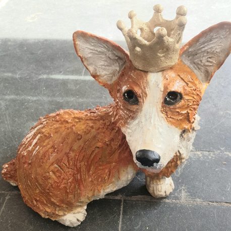 susan corgi with a coronet stoneware ceramic dog